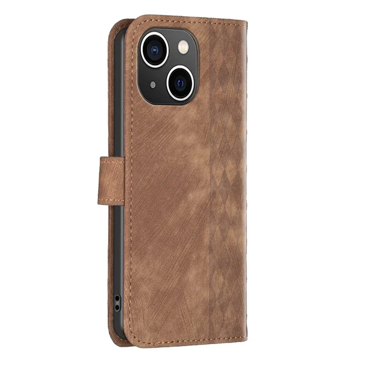 For iPhone 15 Plus Mobile Phone Case Stand Wallet Imprinted Rhombus PU Leather Cell Phone Cover - Brown