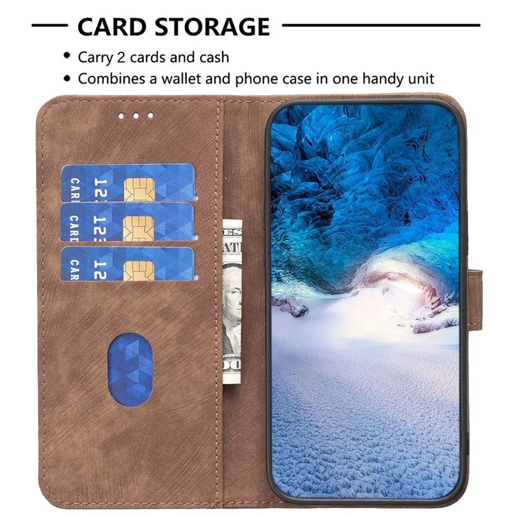 For iPhone 15 Plus Mobile Phone Case Stand Wallet Imprinted Rhombus PU Leather Cell Phone Cover - Brown