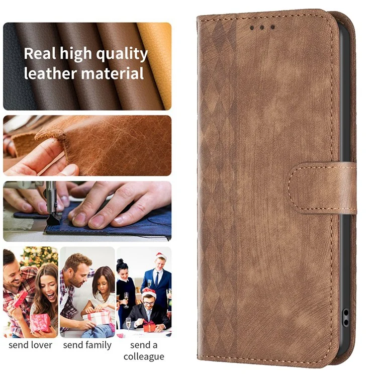 For iPhone 15 Plus Mobile Phone Case Stand Wallet Imprinted Rhombus PU Leather Cell Phone Cover - Brown