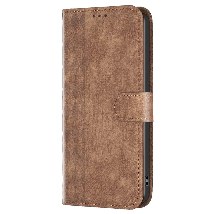 For iPhone 15 Plus Mobile Phone Case Stand Wallet Imprinted Rhombus PU Leather Cell Phone Cover - Brown