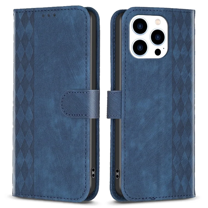 For iPhone 15 Pro Max Stand Case Anti-Scratch Wallet Imprinted Rhombus PU Leather Phone Cover - Blue