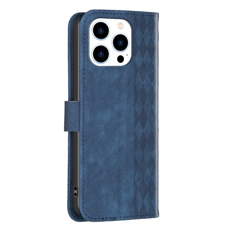 For iPhone 15 Pro Max Stand Case Anti-Scratch Wallet Imprinted Rhombus PU Leather Phone Cover - Blue