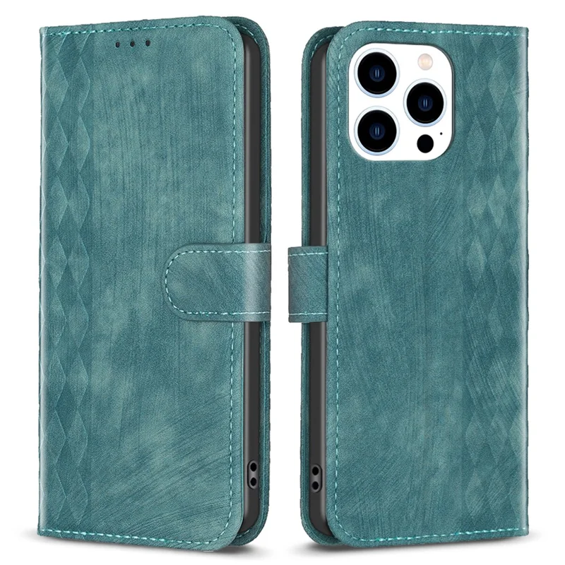 For iPhone 15 Pro Max Stand Case Anti-Scratch Wallet Imprinted Rhombus PU Leather Phone Cover - Green