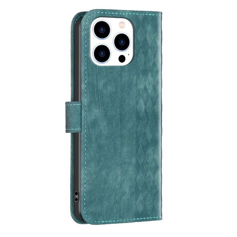 For iPhone 15 Pro Max Stand Case Anti-Scratch Wallet Imprinted Rhombus PU Leather Phone Cover - Green
