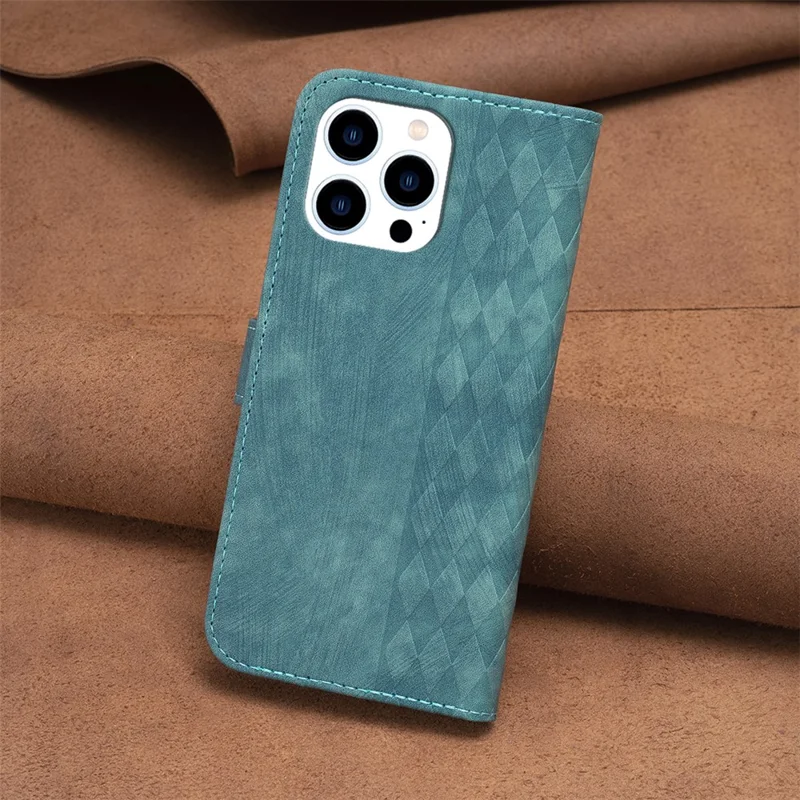 For iPhone 15 Pro Max Stand Case Anti-Scratch Wallet Imprinted Rhombus PU Leather Phone Cover - Green