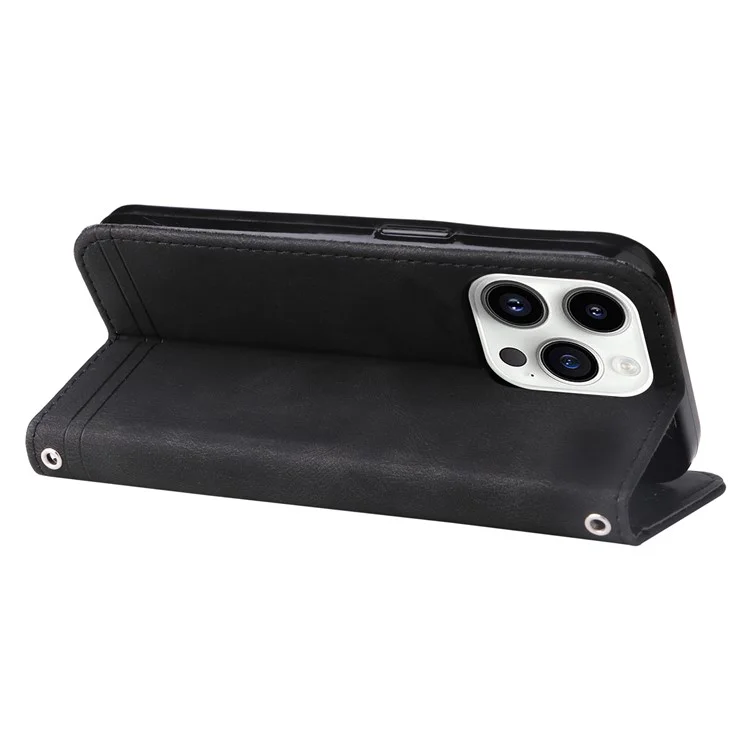 Für iPhone 15 Pro Max Wallet Skin-touch PU-Lederhülle Handyhülle Aufgedruckte Linien Ständer Schale - Schwarz