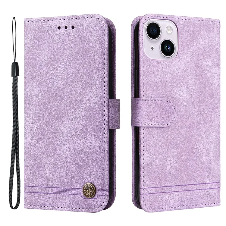 For iPhone 15 Plus Leather Wallet Cases Skin Touch Phone Cover Stand with Strap - Purple