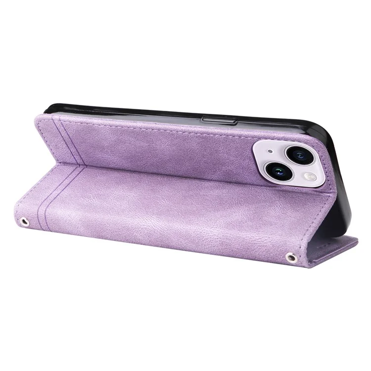 For iPhone 15 Plus Leather Wallet Cases Skin Touch Phone Cover Stand with Strap - Purple
