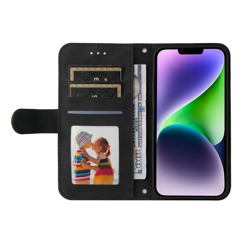 For iPhone 15 Plus Leather Wallet Cases Skin Touch Phone Cover Stand with Strap - Black