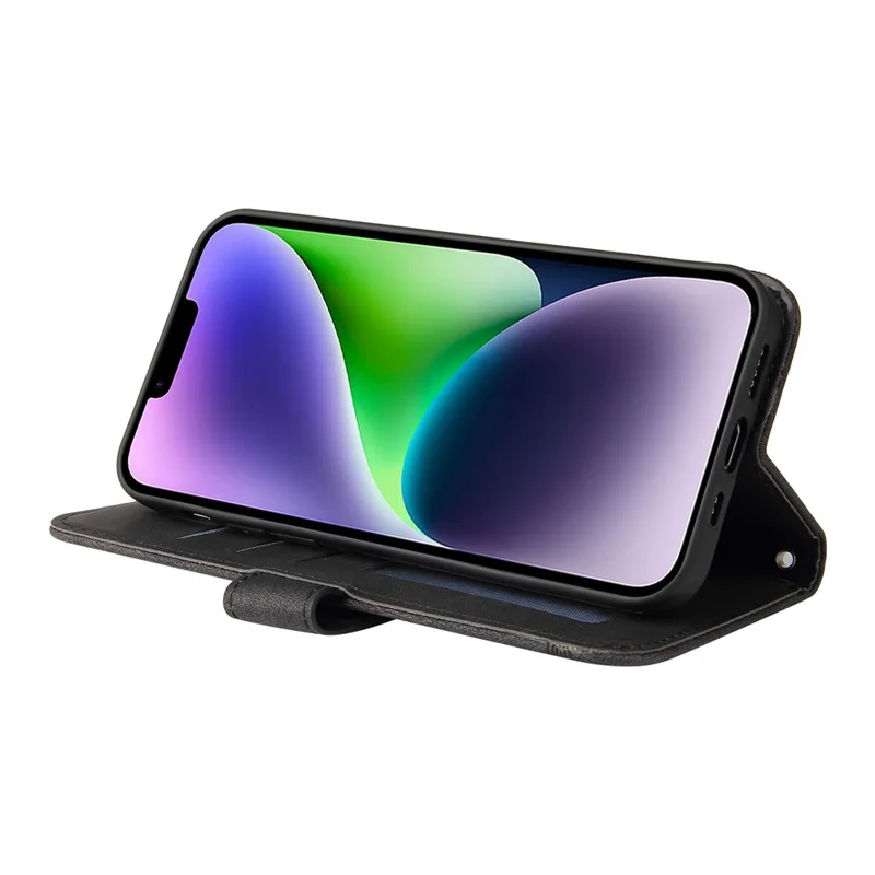 For iPhone 15 Plus Leather Wallet Cases Skin Touch Phone Cover Stand with Strap - Black