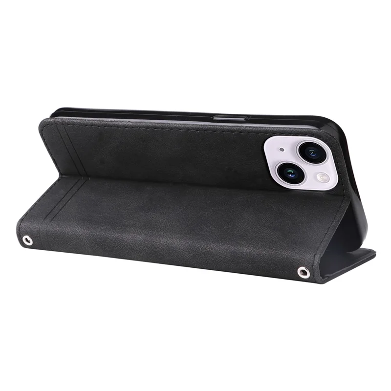 For iPhone 15 Plus Leather Wallet Cases Skin Touch Phone Cover Stand with Strap - Black