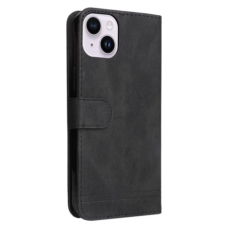 For iPhone 15 Plus Leather Wallet Cases Skin Touch Phone Cover Stand with Strap - Black