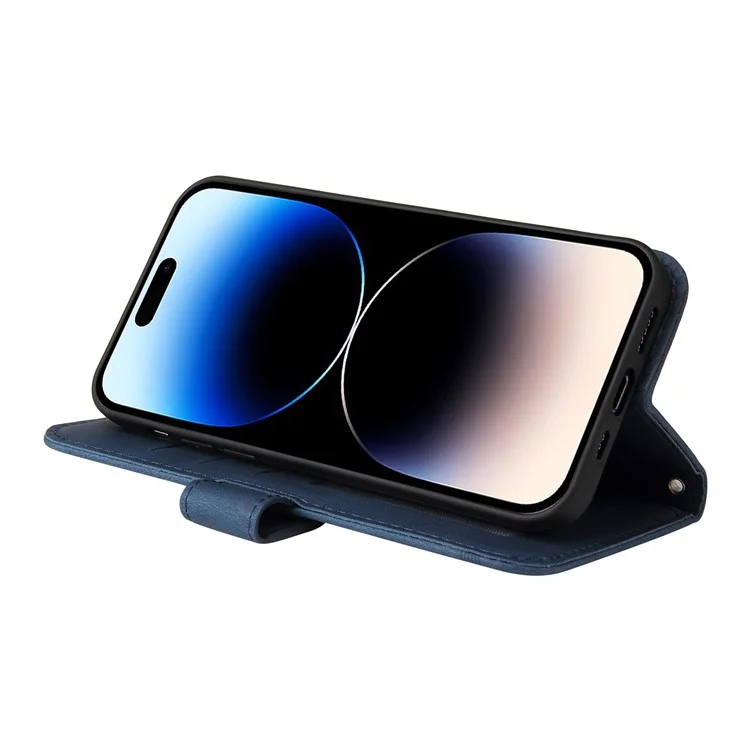 For iPhone 15 Pro Leather Wallet Cases Skin Touch Phone Cover Stand with Strap - Blue