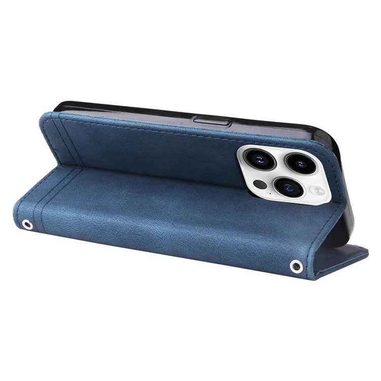 For iPhone 15 Pro Leather Wallet Cases Skin Touch Phone Cover Stand with Strap - Blue