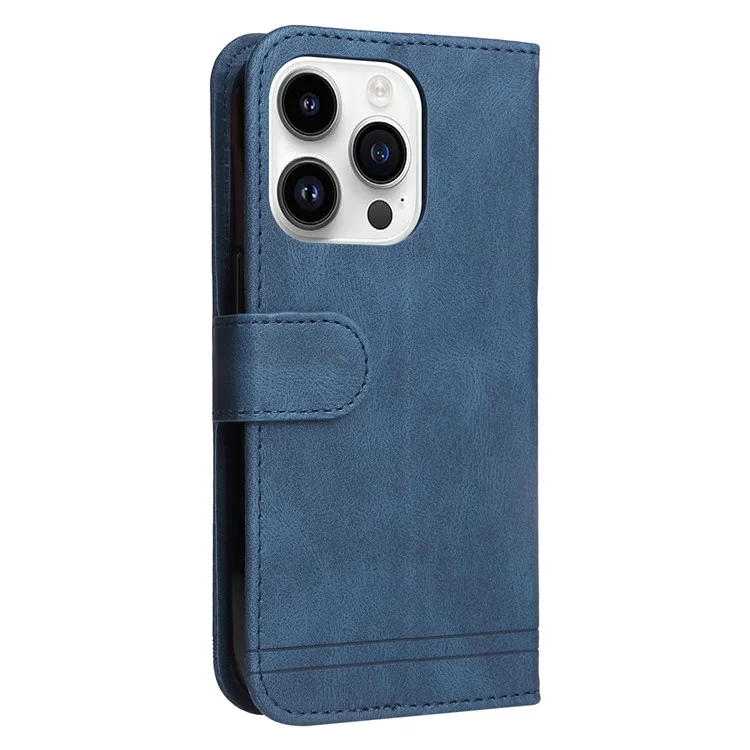 For iPhone 15 Pro Leather Wallet Cases Skin Touch Phone Cover Stand with Strap - Blue