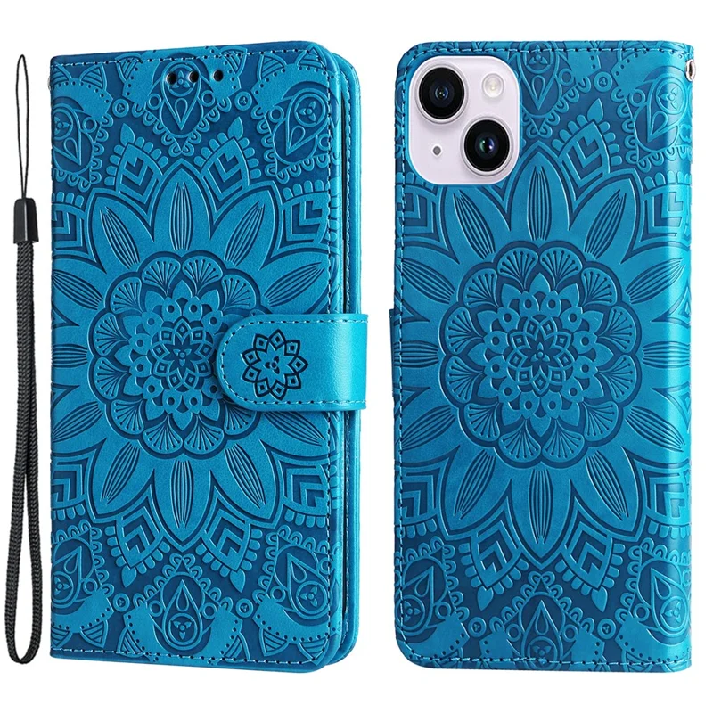 For iPhone 15 Plus Shockproof Sunflower Imprinted Stand PU Leather Cover Wallet Case - Blue
