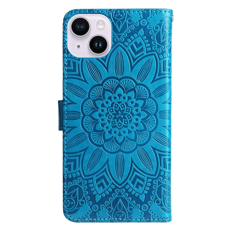For iPhone 15 Plus Shockproof Sunflower Imprinted Stand PU Leather Cover Wallet Case - Blue