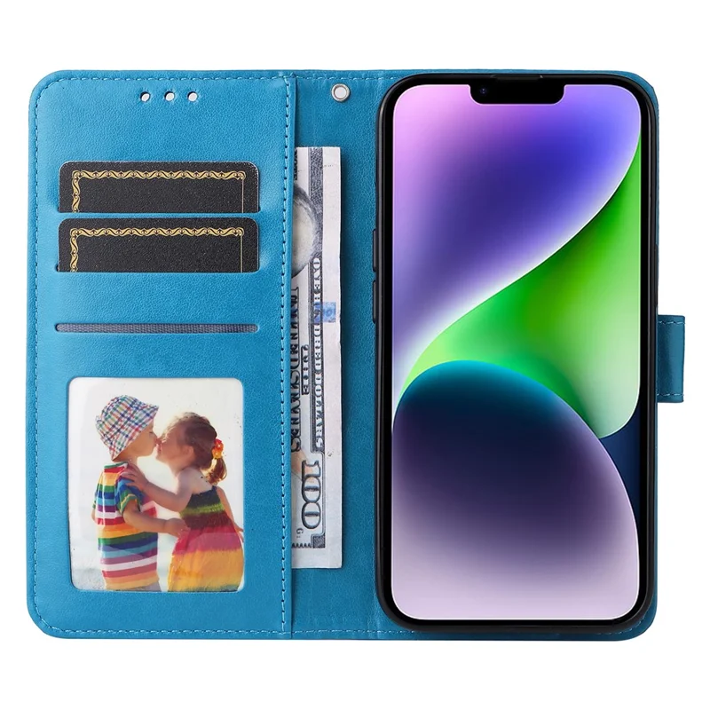 For iPhone 15 Plus Shockproof Sunflower Imprinted Stand PU Leather Cover Wallet Case - Blue