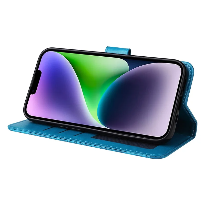 For iPhone 15 Plus Shockproof Sunflower Imprinted Stand PU Leather Cover Wallet Case - Blue