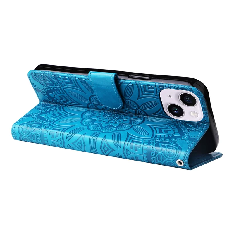 For iPhone 15 Plus Shockproof Sunflower Imprinted Stand PU Leather Cover Wallet Case - Blue