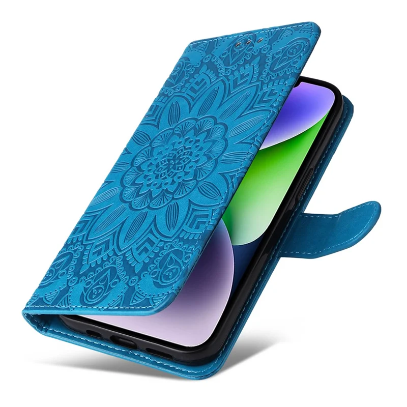 For iPhone 15 Plus Shockproof Sunflower Imprinted Stand PU Leather Cover Wallet Case - Blue