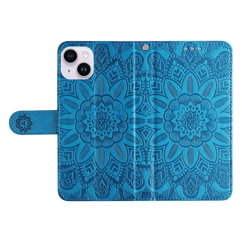 For iPhone 15 Plus Shockproof Sunflower Imprinted Stand PU Leather Cover Wallet Case - Blue