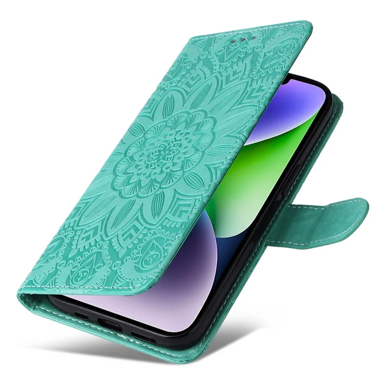 For iPhone 15 Plus Shockproof Sunflower Imprinted Stand PU Leather Cover Wallet Case - Green
