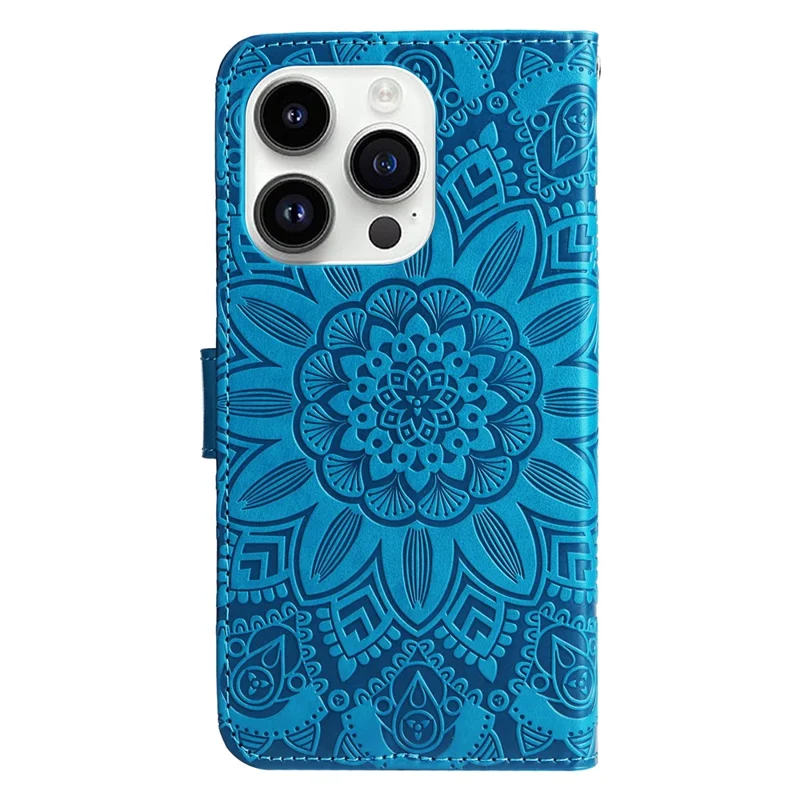 Para iPhone 15 Pro Carteira Capa de Telefone à Prova de Choque Girassol Impresso Suporte Capa de Couro PU - Azul