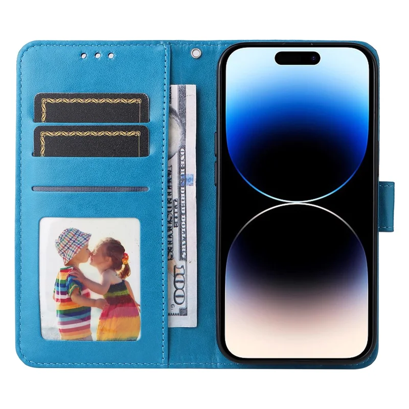 Para iPhone 15 Pro Carteira Capa de Telefone à Prova de Choque Girassol Impresso Suporte Capa de Couro PU - Azul