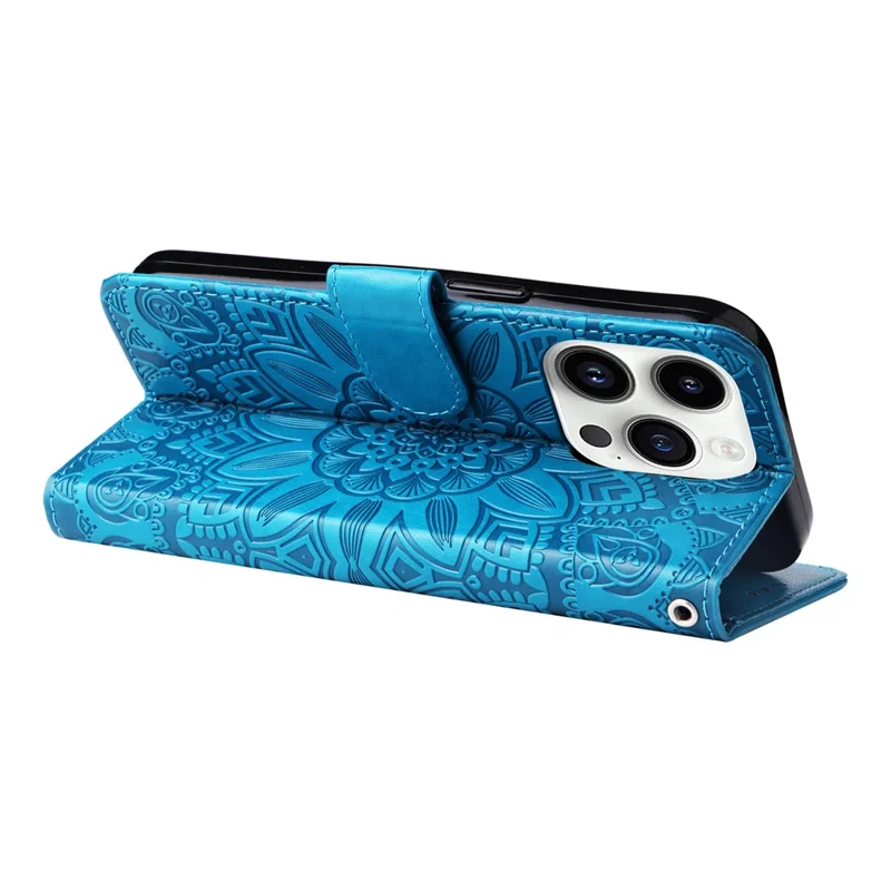 Para iPhone 15 Pro Carteira Capa de Telefone à Prova de Choque Girassol Impresso Suporte Capa de Couro PU - Azul