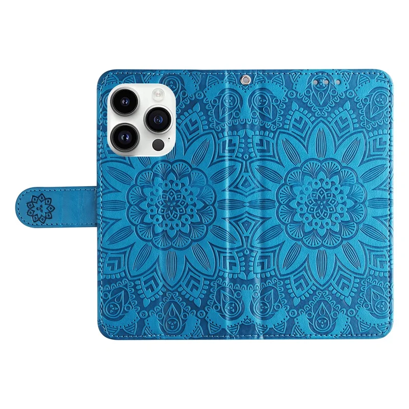Para iPhone 15 Pro Carteira Capa de Telefone à Prova de Choque Girassol Impresso Suporte Capa de Couro PU - Azul
