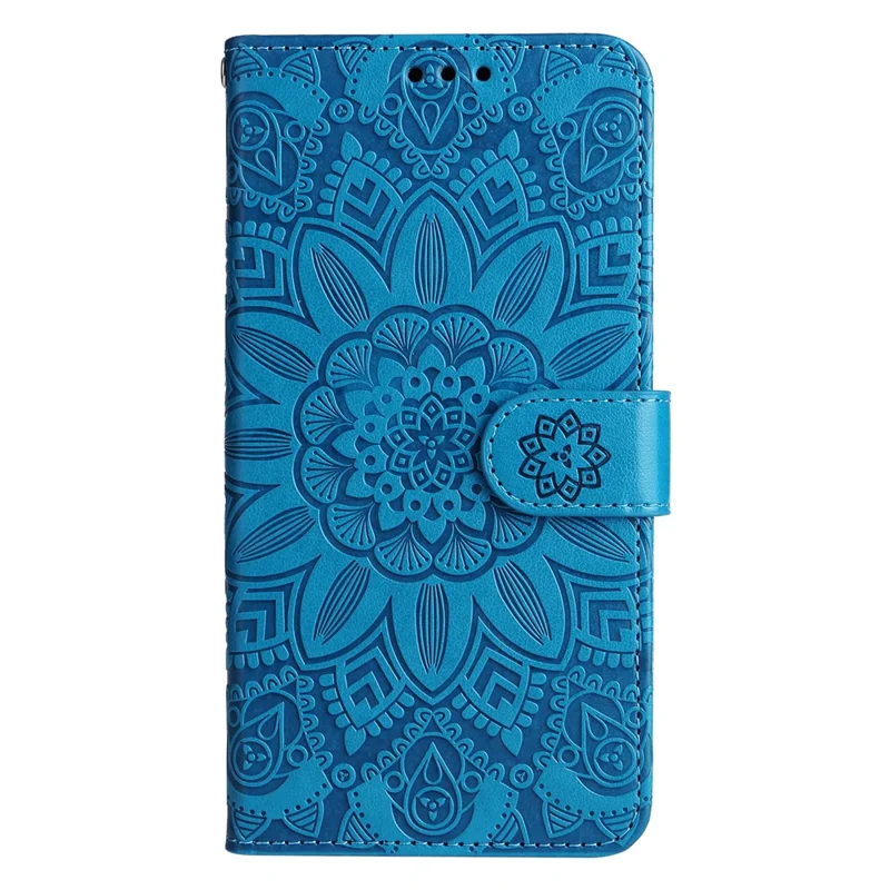 Para iPhone 15 Pro Carteira Capa de Telefone à Prova de Choque Girassol Impresso Suporte Capa de Couro PU - Azul