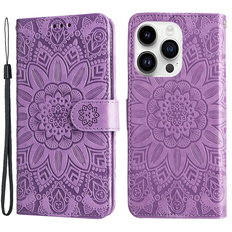 For iPhone 15 Pro Max Phone Stand PU Leather Cover Shockproof Sunflower Imprinted Wallet Case - Purple
