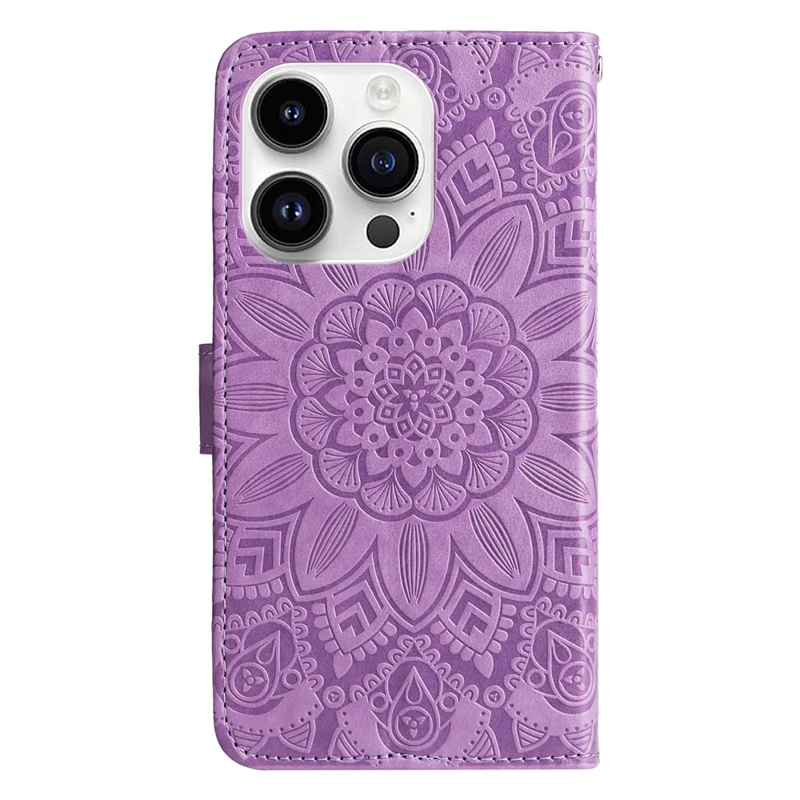 For iPhone 15 Pro Max Phone Stand PU Leather Cover Shockproof Sunflower Imprinted Wallet Case - Purple