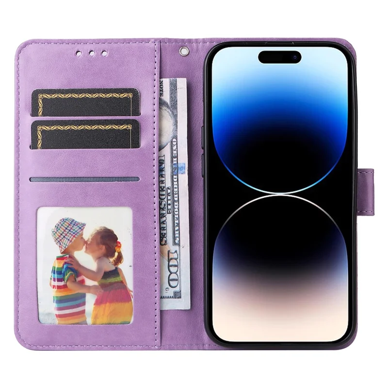 For iPhone 15 Pro Max Phone Stand PU Leather Cover Shockproof Sunflower Imprinted Wallet Case - Purple