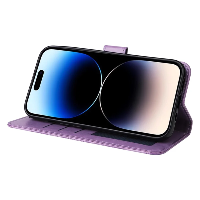 For iPhone 15 Pro Max Phone Stand PU Leather Cover Shockproof Sunflower Imprinted Wallet Case - Purple