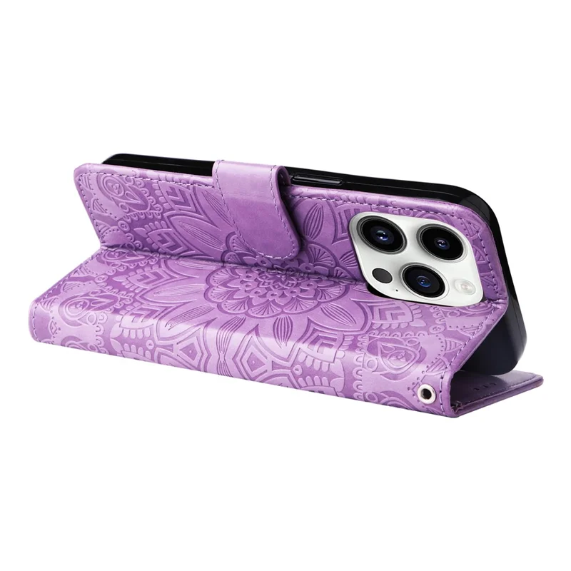For iPhone 15 Pro Max Phone Stand PU Leather Cover Shockproof Sunflower Imprinted Wallet Case - Purple