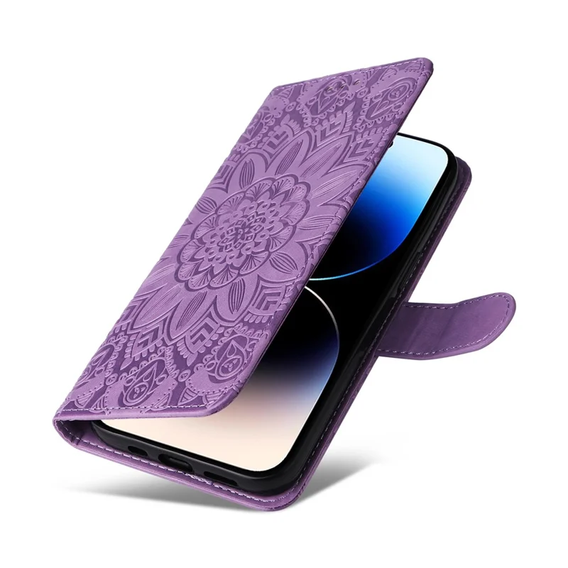 For iPhone 15 Pro Max Phone Stand PU Leather Cover Shockproof Sunflower Imprinted Wallet Case - Purple