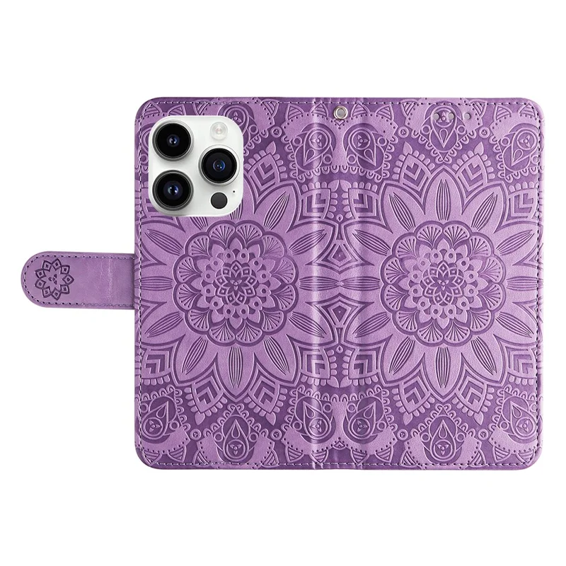 For iPhone 15 Pro Max Phone Stand PU Leather Cover Shockproof Sunflower Imprinted Wallet Case - Purple