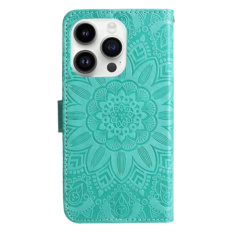 For iPhone 15 Pro Max Phone Stand PU Leather Cover Shockproof Sunflower Imprinted Wallet Case - Green