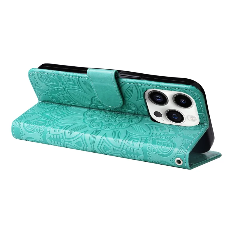 For iPhone 15 Pro Max Phone Stand PU Leather Cover Shockproof Sunflower Imprinted Wallet Case - Green