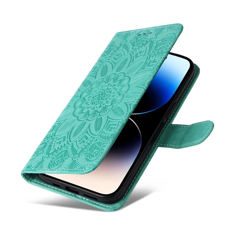 For iPhone 15 Pro Max Phone Stand PU Leather Cover Shockproof Sunflower Imprinted Wallet Case - Green