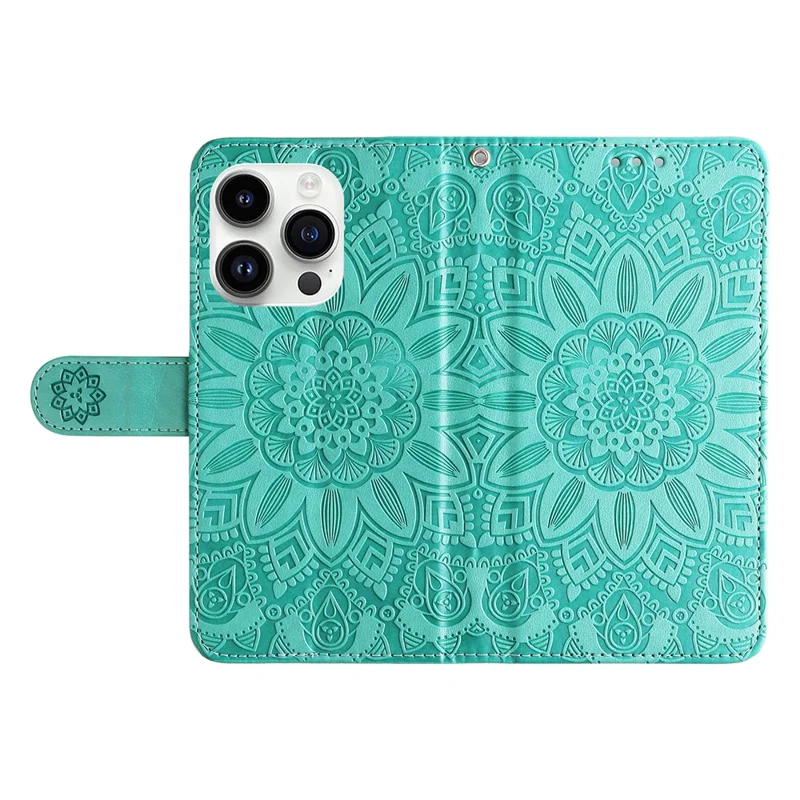 For iPhone 15 Pro Max Phone Stand PU Leather Cover Shockproof Sunflower Imprinted Wallet Case - Green