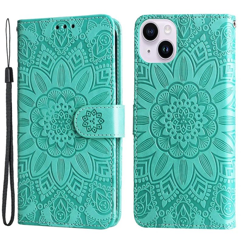 Para iPhone 15 Imprinted Sunflower Stand PU Leather Cover Anti-Scratch Wallet Smartphone Case - Verde