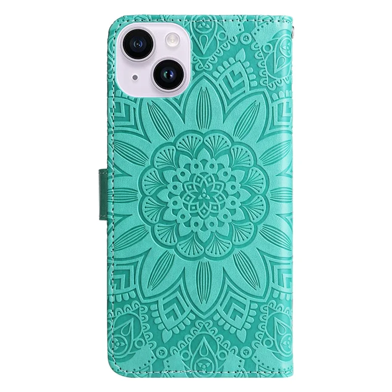 Para iPhone 15 Imprinted Sunflower Stand PU Leather Cover Anti-Scratch Wallet Smartphone Case - Verde