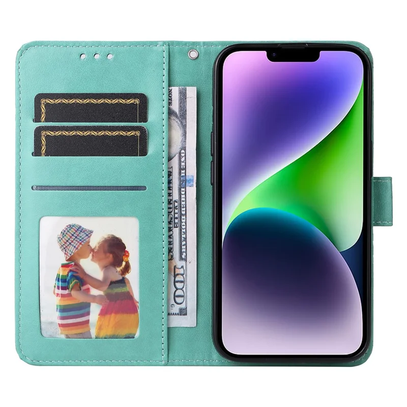 Para iPhone 15 Imprinted Sunflower Stand PU Leather Cover Anti-Scratch Wallet Smartphone Case - Verde