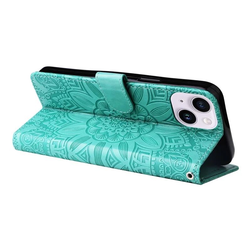 Para iPhone 15 Imprinted Sunflower Stand PU Leather Cover Anti-Scratch Wallet Smartphone Case - Verde