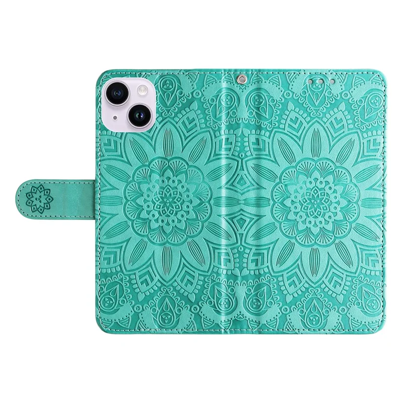 Para iPhone 15 Imprinted Sunflower Stand PU Leather Cover Anti-Scratch Wallet Smartphone Case - Verde