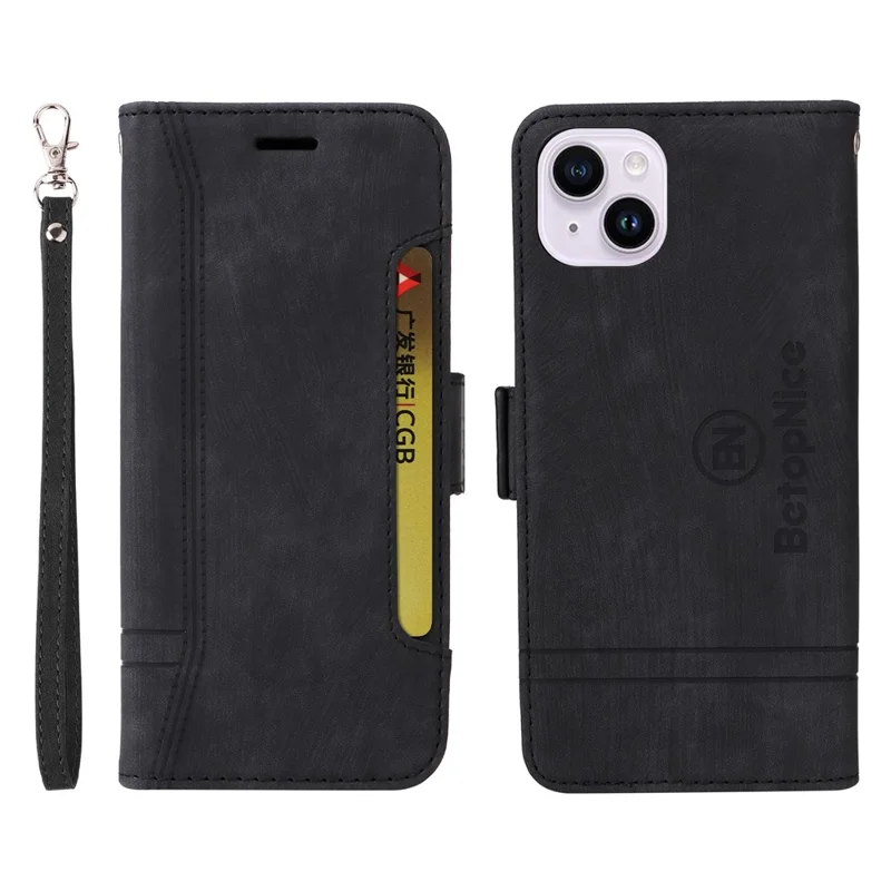 BETOPNICE 001 Pour iPhone 15 Plus Coque de protection en PU résistante aux chocs avec support Multifonctionnelle Portefeuille Étui de téléphone - Noir