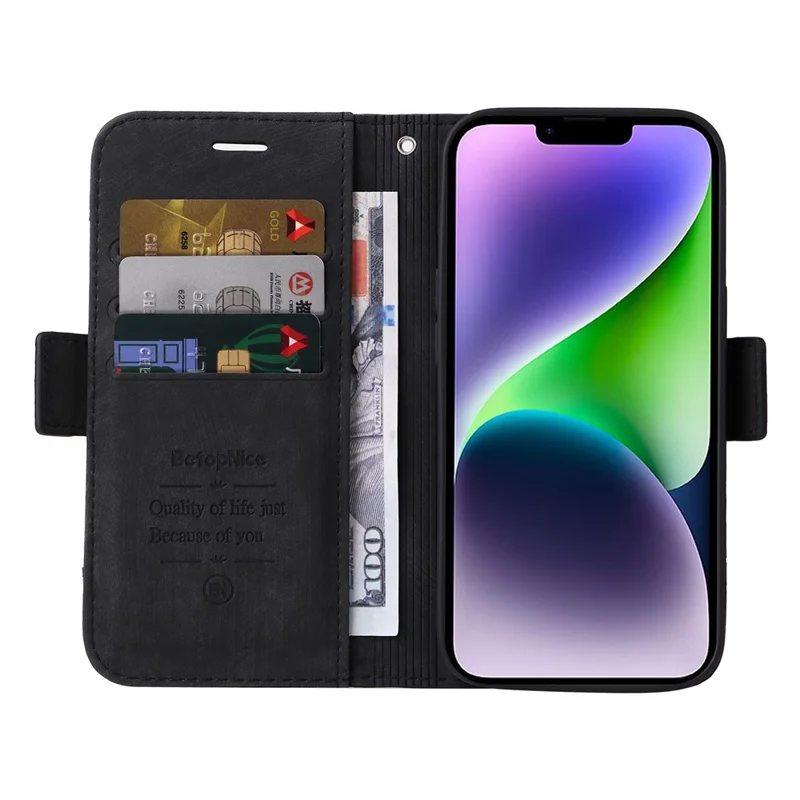 BETOPNICE 001 Pour iPhone 15 Plus Coque de protection en PU résistante aux chocs avec support Multifonctionnelle Portefeuille Étui de téléphone - Noir